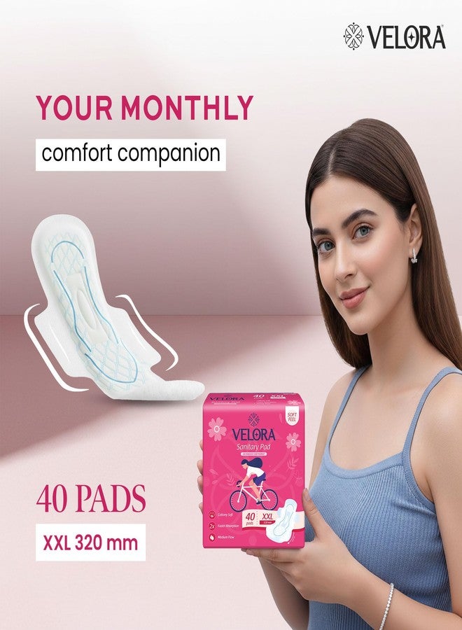 Velora Soft Feel & Rash Free XXL 80 Pads, Sanitary Pads for Women and Girls, Quick Absorption, Heavy Flow Champion, Skin Friendly Trifold Sanitary Napkins (40 Pads Each -320MM) - Image 2